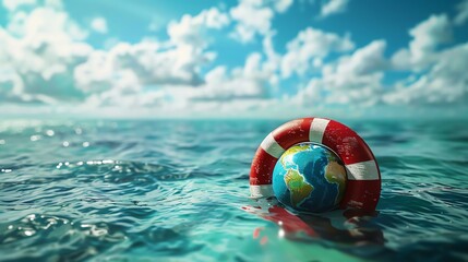 A conceptual image of a lifebuoy in the ocean with a globe depicting environmental protection and rescue - obrazy, fototapety, plakaty