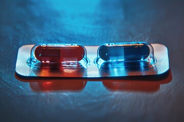 A conceptual image depicting a red and a blue pill in a blister pack with the text The Choice is Yours, representing a decisive moment - obrazy, fototapety, plakaty