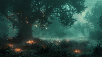 Mysterious and enchanting depiction of a foggy forest illuminated by mystical lights, showcasing a haunting atmosphere - obrazy, fototapety, plakaty