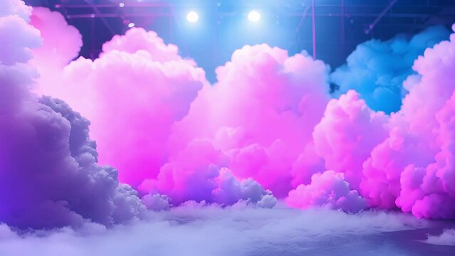 As if painted by a cotton candy artist the stage is surrounded by a sea of soft clouds in delicate shades of pastel blue and pink. . AI generation.