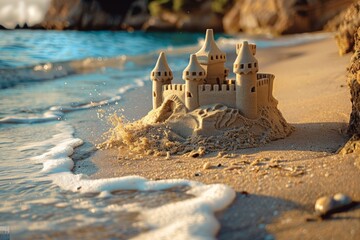 Close-up of sand castles on the beach in Dubai, partially out of focus. Beautiful simple AI generated image in 4K, unique.