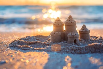 Close-up of a sandcastle on a beach with a blurred background of sea and cliffs. Beautiful simple AI generated image in 4K, unique.