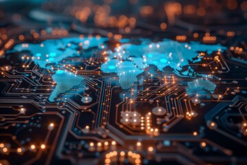 Obraz premium A global digital network represented by a glowing blue world map on an intricate electronic circuit board, symbolizing connectivity and technology