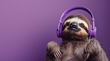 A relaxed sloth enjoying music with purple headphones
