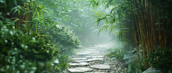 A tranquil stone path meanders through a misty bamboo forest, where the light filters softly...