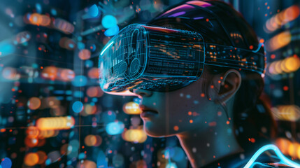 Person in VR headset exploring digital interface