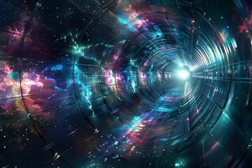 Obraz premium A colorful tunnel with a bright light shining through it. The tunnel is filled with stars and galaxies, creating a sense of wonder and awe
