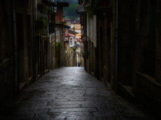 Galicia old city street at sunset