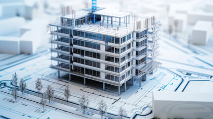 3D architectural model of building on blueprints