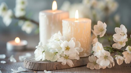 Fototapeta na wymiar Lit candles paired with fresh white flowers provide a calming and meditative atmosphere, ideal for relaxation and mindfulness