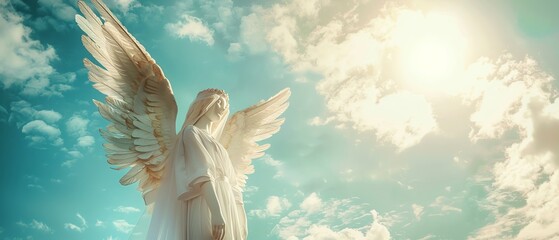Majestic angel with large white wings standing against a sky background, a conceptual spiritual image - obrazy, fototapety, plakaty