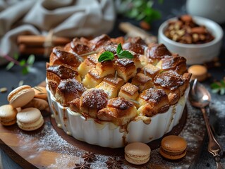 Bread pudding with scattered macarons,mysterious,expression