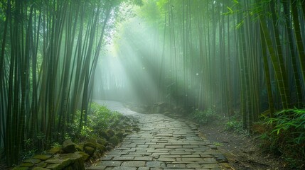 Mystical pathway through a misty bamboo forest with sunlight casting ethereal rays through the fog.