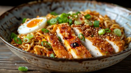 Fototapeta premium Breaded chicken with ramen noodles