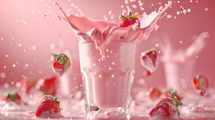 glass of strawberry smoothie or milkshake with splash and falling strawberries ,strawberry milk splashing out of a glass isolated on pink  background - obrazy, fototapety, plakaty