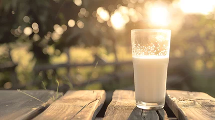 Rolgordijnen milk in glass on table ,milk glass on table with nature background ,Glass of milk on wooden table with green grass background  © Shanza