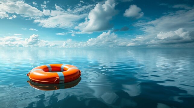 Lonely orange life preserver floating in vast ocean with dramatic clouds in the background