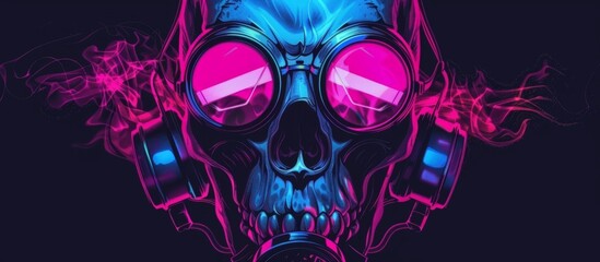Close-up of a gas mask adorned with colorful neon lights, creating a futuristic and striking aesthetic - obrazy, fototapety, plakaty