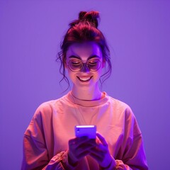 smile European young woman, face looking straight, holding a phone in her hands, phone shining