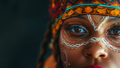 A woman with gold and red face paint and a colorful headband