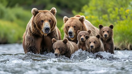 Obraz premium A Family of Brown Bears Fishing in a River