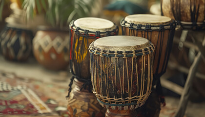 A collection of drums and tambourines are displayed in a variety of sizes - obrazy, fototapety, plakaty