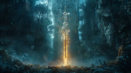 A mystical artwork featuring 'The Enchanted Dagger,' glowing amidst ancient runes and a dark forest backdrop.