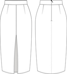 with slit zippered darted tailored midi ankle length pencil skirt template technical drawing flat sketch cad mockup fashion woman design style model
