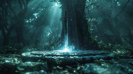 Ancient mystical dagger artwork featuring glowing runes in a dark forest setting. - obrazy, fototapety, plakaty