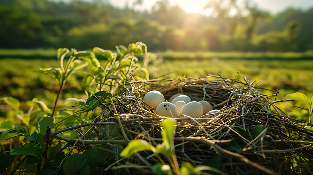 Eggs in the nest on the field with sunlight background.