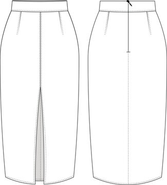 with slit zippered darted tailored midi ankle length pencil skirt template technical drawing flat sketch cad mockup fashion woman design style model
