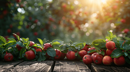 stunning image of apples on wooden table, advertising photo, Generative AI.