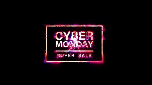 CYBER MONDAY SUPER SALE glow pink neon abstract lightning glitch text animation in nameplate on black abstract background  