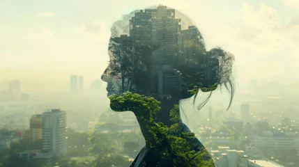 Fotobehang A fusion of urban hustle and natural serenity captured through a double exposure image featuring human silhouette, cityscape, and forest scene. © ChubbyCat
