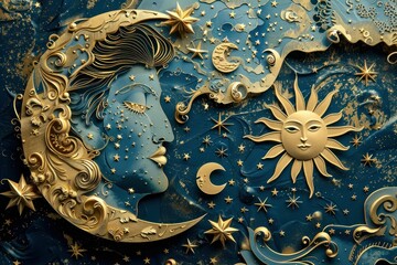 Celestial Harmony The Moon and Sun Illuminating a Woman's Face Surrounded by Gold Stars