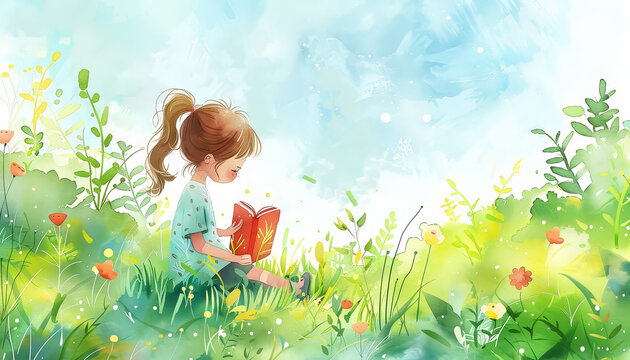 A girl is reading a book in a field of flowers