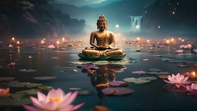 睡蓮と水面に浮かぶ仏陀像,Generative AI 