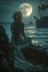 An ethereal siren mesmerizes sailors under the moonlight, beckoning them towards doom with her haunting song and alluring beauty. - obrazy, fototapety, plakaty