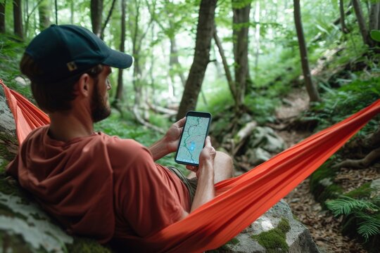 Man relaxing in a hammock in the serene woods, engrossed in using a tablet computer for work or leisure