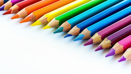 A row of colored pencils are on a blue background