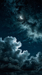 Fototapeta na wymiar Smartphone Wallpaper. Dreamy Night Sky Stars, Moon, Whispy Clouds, and Fluffy Clouds in Blue Hues
