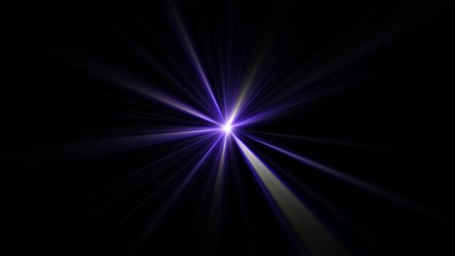 Abstract loop center flickering glow purple blue star optical flare radial shine ray light lens flares animation on black background. 4K seamless loop dynamic kinetic bright star light rays effect. 
