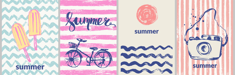 Summer striped and wavy patterns with popsicle, ice cream, bike, camera, bar, sun, sea waves