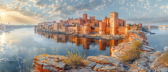 Fototapeta premium Illustration of a Characteristic Landscape or Seascape in the World Wallpaper Background Cover Magazine Journal Illustration Brainstorming Digital Art