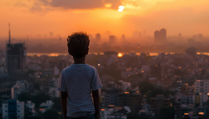 A young boy with brown hair and blue shirt looking up at the sky sunset - Powered by Adobe