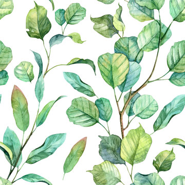 Seamless pattern with hand painted watercolor botany. Green detailed high quality painted leaves. Square wallpaper design with stems and twigs