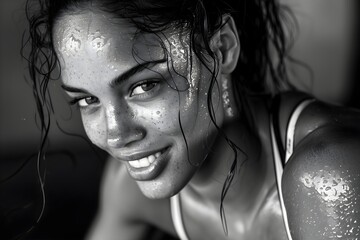 Black and White Image of a Smiling Athlete: Sweat and Satisfaction Post Workout