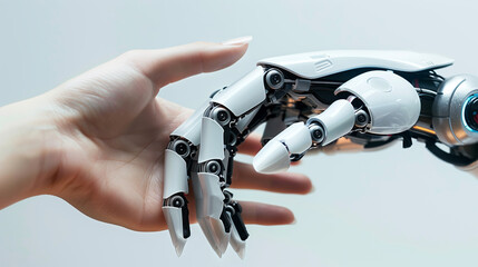 Human and robot hands reaching towards each other in a symbolic gesture