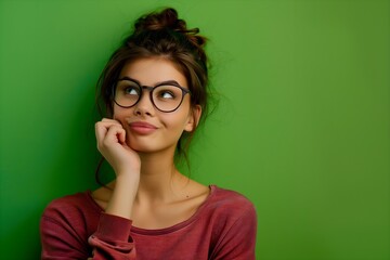 Thoughtful Young Woman in Glasses Daydreaming Against a Vibrant Green Background