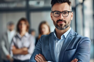 Confident Male Leader with Arms Crossed in Front of Business Team in Corporate Setting
